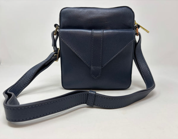 Petit sac en cuir véritable avec section pour carte RFID, Bleu marine, Nadine