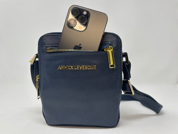 Petit sac en cuir véritable avec section pour carte RFID, Bleu marine, Nadine