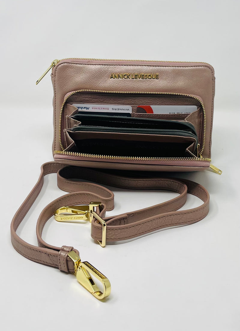 Petit sac à main-portefeuille en Cuir Véritable Rose Platine, Carmen