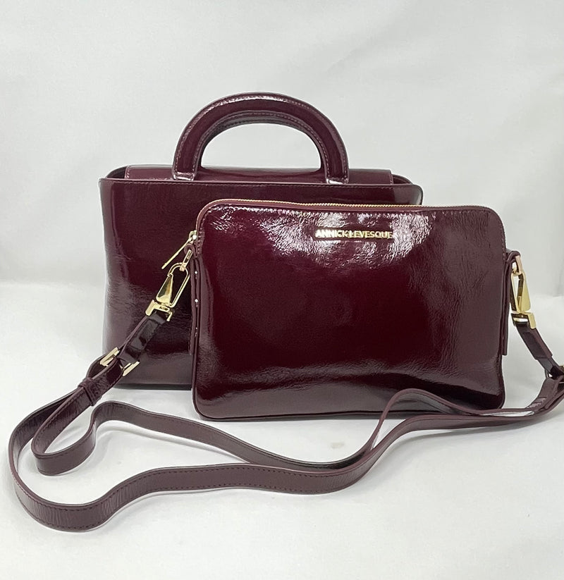Sac à main en cuir, deux en un, Rouge bordeaux vernis, Clarence moyen