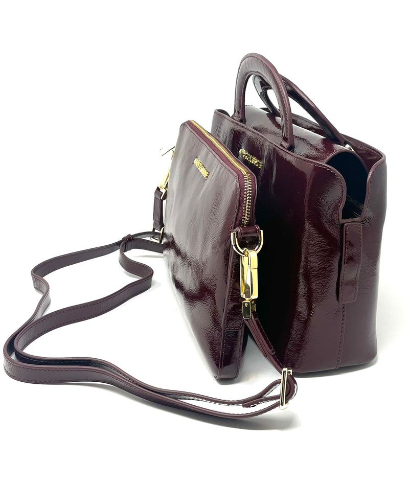 Sac à main en cuir, deux en un, Rouge bordeaux vernis, Clarence moyen