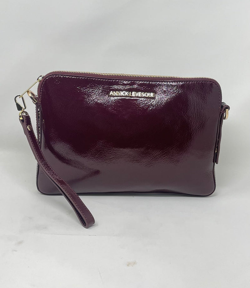 Sac à main en cuir, deux en un, Rouge bordeaux vernis, Clarence moyen