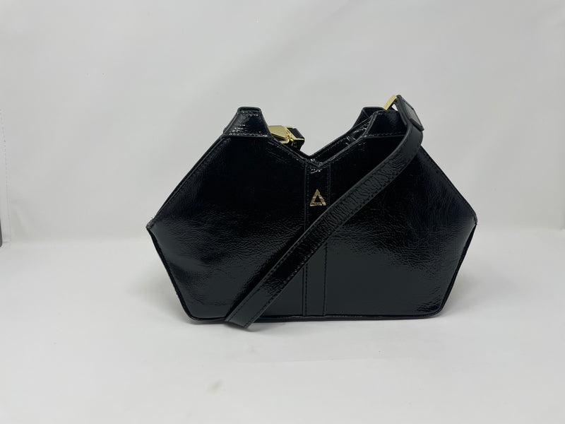 sac à main en cuir véritable avec poignée amovible et bandoulière détachable, Noir Vernis, Claudia