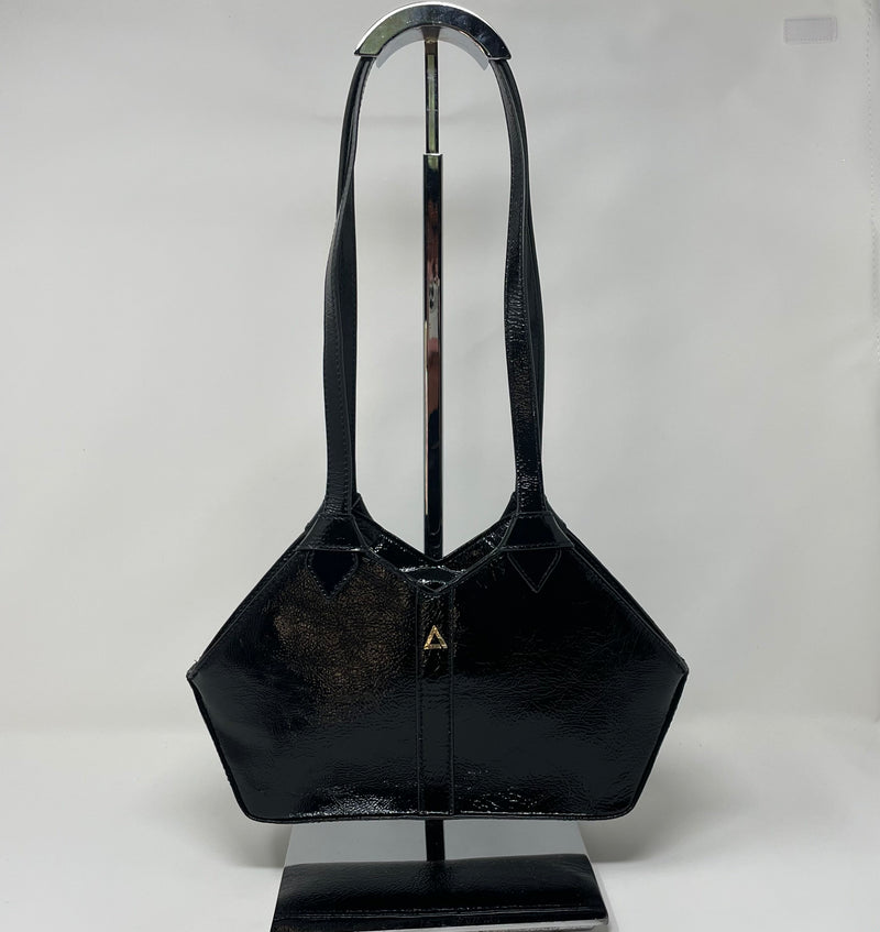 sac à main en cuir véritable avec poignée amovible et bandoulière détachable, Noir Vernis, Claudia