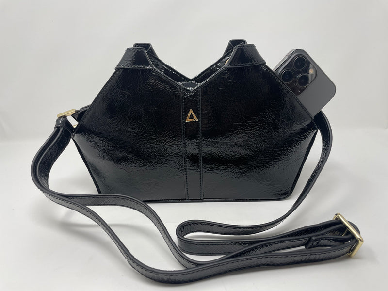 sac à main en cuir véritable avec poignée amovible et bandoulière détachable, Noir Vernis, Claudia