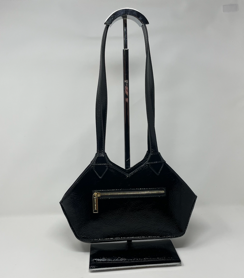 sac à main en cuir véritable avec poignée amovible et bandoulière détachable, Noir Vernis, Claudia