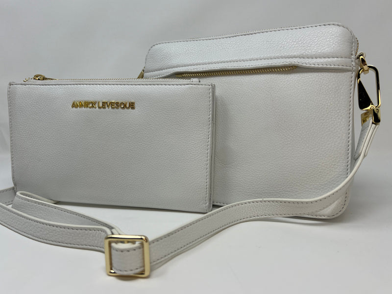 Petit Sac bandoulière 2 en 1 avec porte carte détachable en Cuir blanc pure, Kennedi