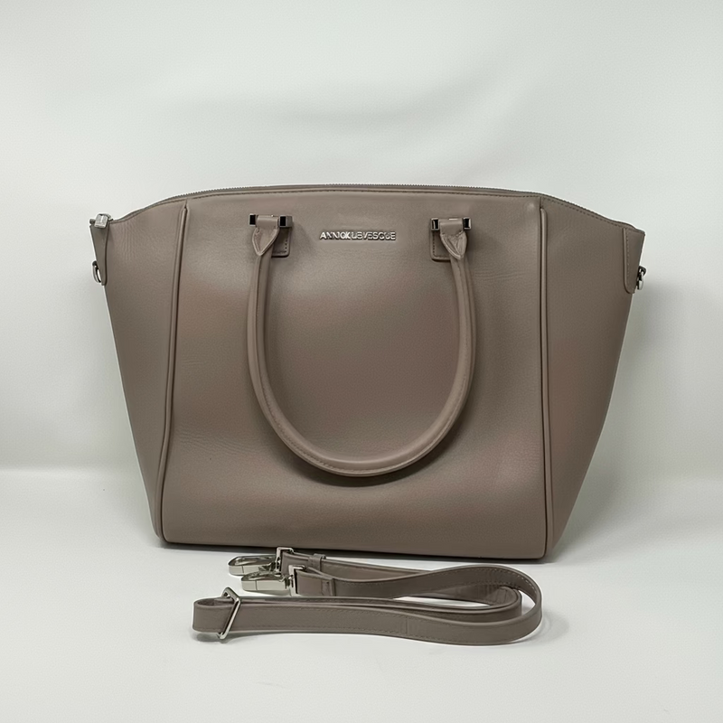 Grand Sac à Main en Cuir Véritable Taupe, Mona