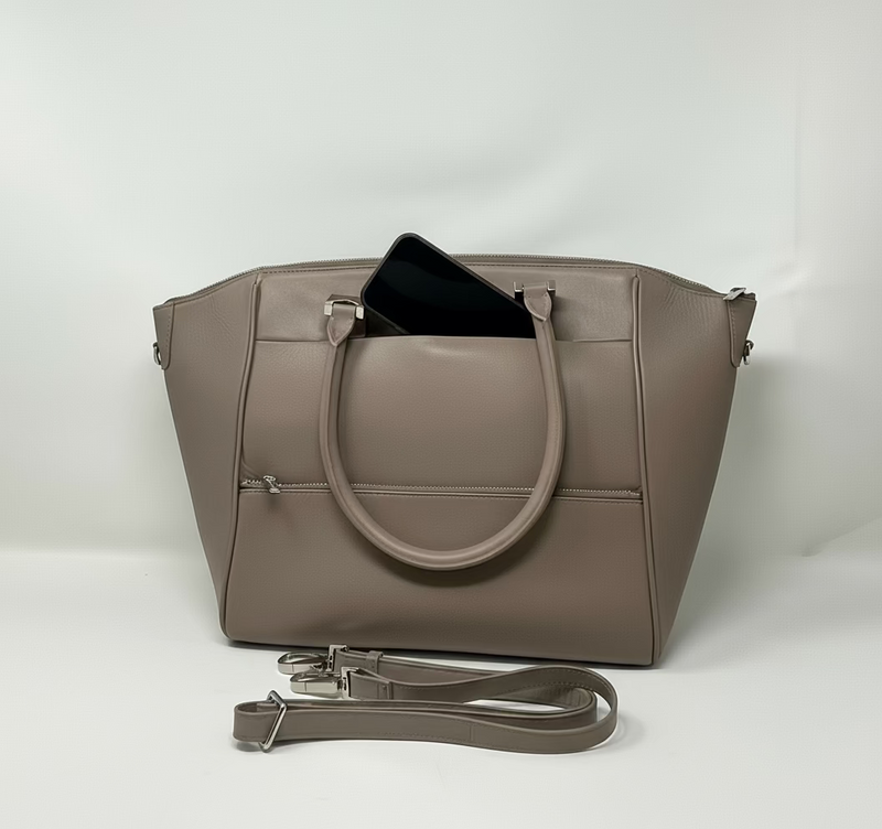 Grand Sac à Main en Cuir Véritable Taupe, Mona