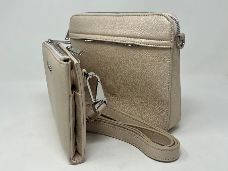 Petit Sac bandouillère 2 en 1 avec porte carte détachable en Cuir Champagne, Kennedi