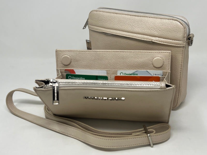 Petit Sac bandouillère 2 en 1 avec porte carte détachable en Cuir Champagne, Kennedi