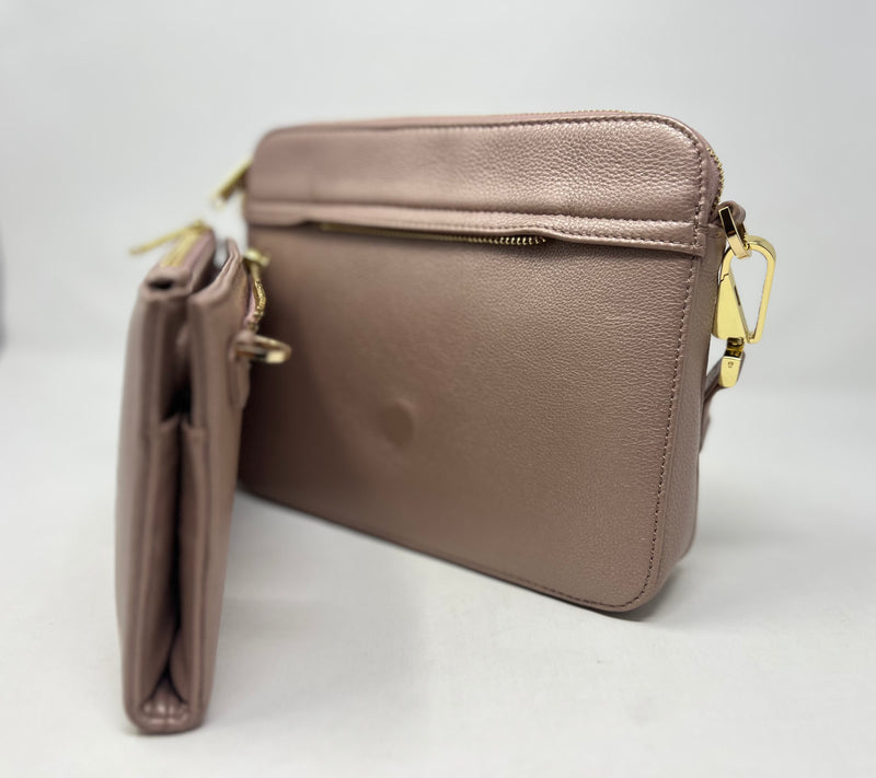 Petit Sac bandouillère 2 en 1 avec porte carte détachable en Cuir Véritable Platine , Kennedi