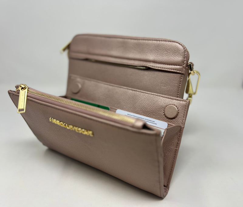 Petit Sac bandouillère 2 en 1 avec porte carte détachable en Cuir Véritable Platine , Kennedi