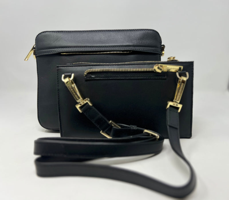 Petit Sac bandouillère 2 en 1 avec porte carte détachable en Cuir Véritable Noir , Kennedi