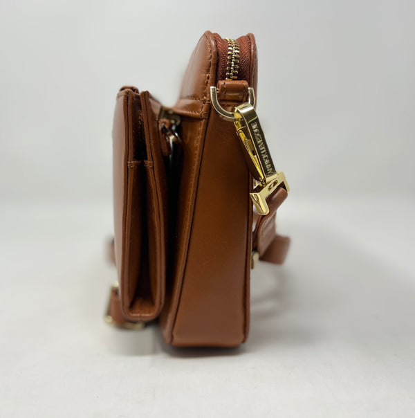 Petit Sac bandouillère 2 en 1 avec porte carte détachable en Cuir Cognac , Kennedi