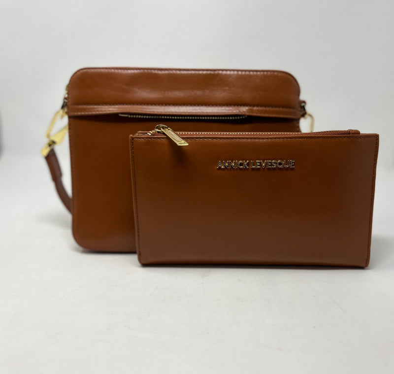Petit Sac bandouillère 2 en 1 avec porte carte détachable en Cuir Cognac , Kennedi