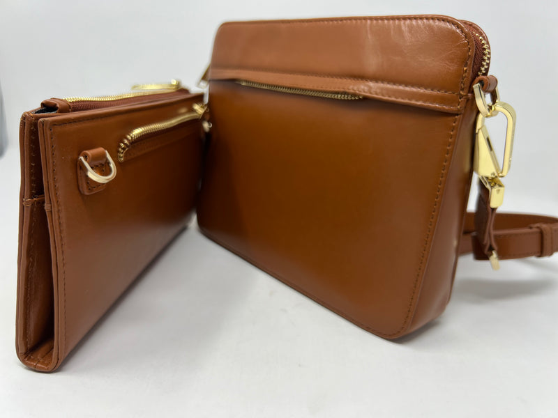 Petit Sac bandouillère 2 en 1 avec porte carte détachable en Cuir Cognac , Kennedi