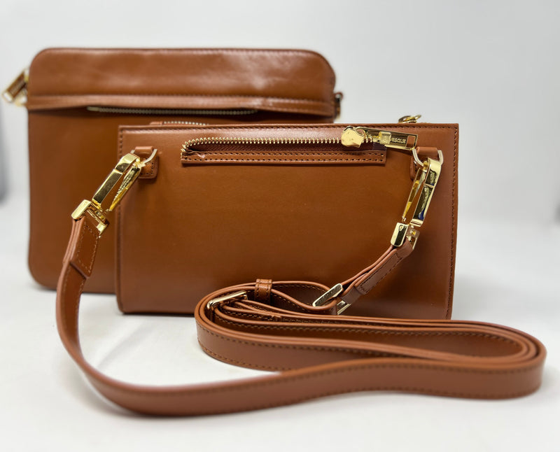 Petit Sac bandouillère 2 en 1 avec porte carte détachable en Cuir Cognac , Kennedi