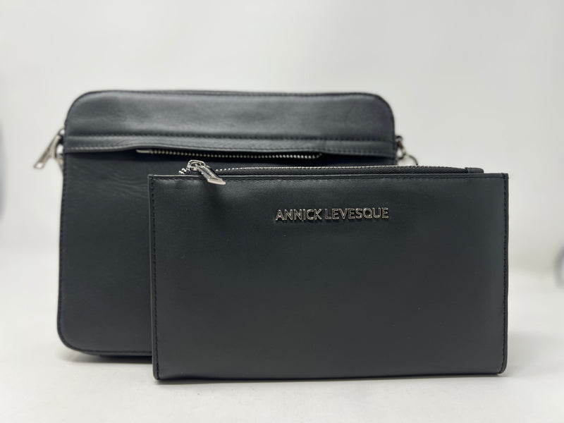 Petit Sac bandouillère 2 en 1 avec porte carte détachable en Cuir Véritable Noir , Kennedi