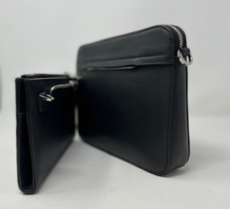 Petit Sac bandouillère 2 en 1 avec porte carte détachable en Cuir Véritable Noir , Kennedi