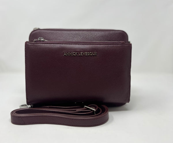 Petit Sac bandouillère 2 en 1 avec porte carte détachable en Cuir Aubergine , Kennedi