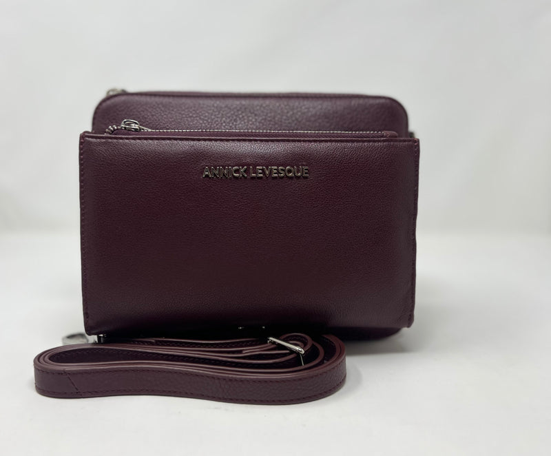 Petit Sac bandouillère 2 en 1 avec porte carte détachable en Cuir Aubergine , Kennedi