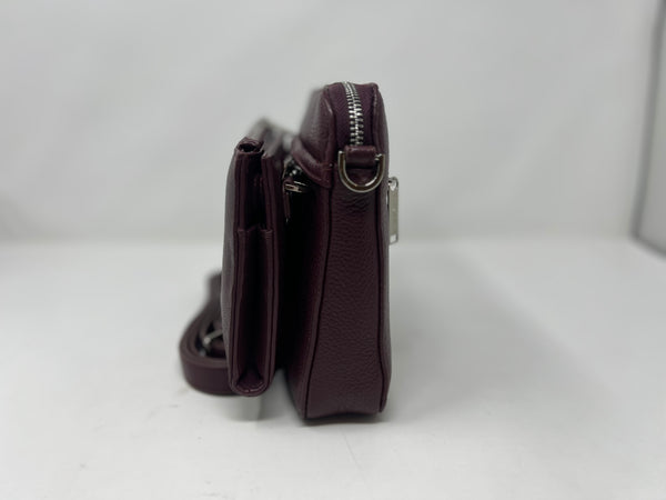 Petit Sac bandouillère 2 en 1 avec porte carte détachable en Cuir Aubergine , Kennedi