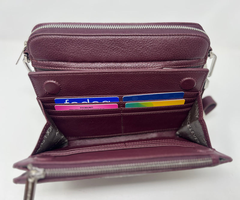 Petit Sac bandouillère 2 en 1 avec porte carte détachable en Cuir Aubergine , Kennedi