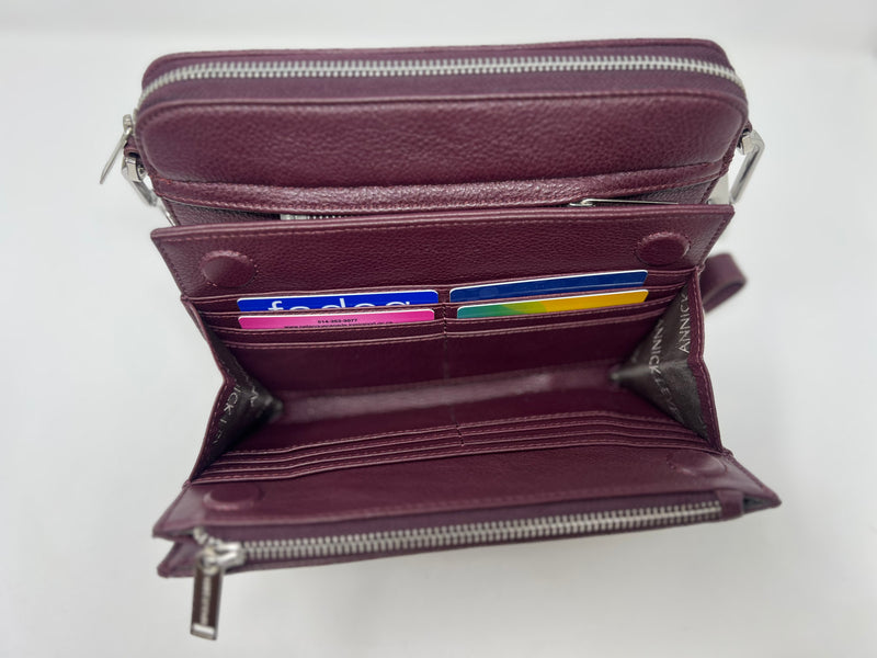 Petit Sac bandouillère 2 en 1 avec porte carte détachable en Cuir Aubergine , Kennedi