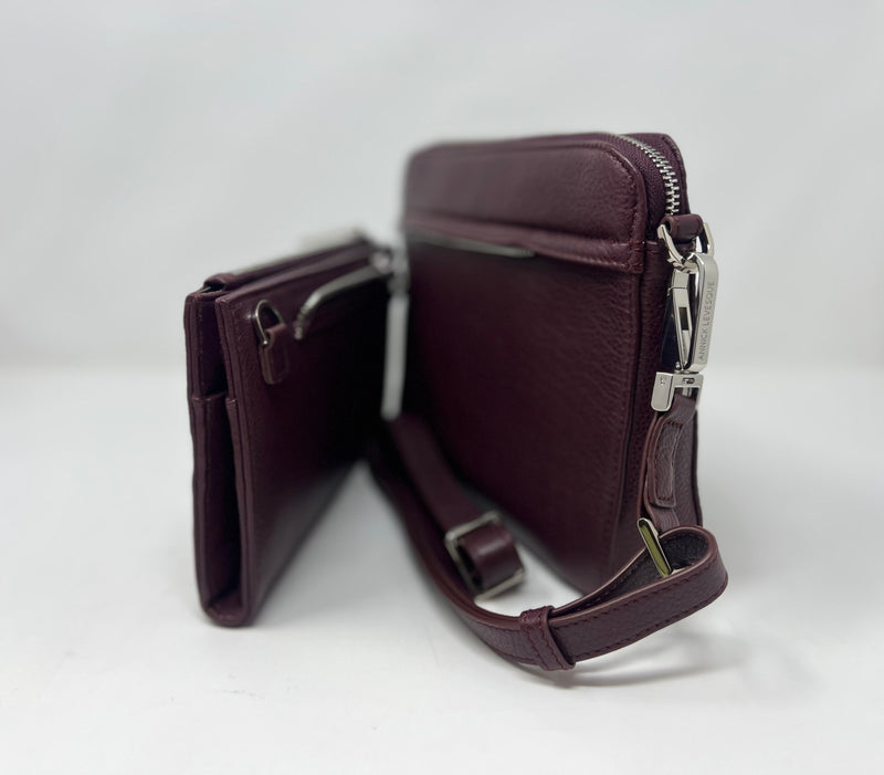 Petit Sac bandouillère 2 en 1 avec porte carte détachable en Cuir Aubergine , Kennedi