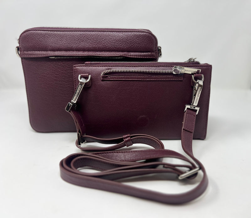 Petit Sac bandouillère 2 en 1 avec porte carte détachable en Cuir Aubergine , Kennedi