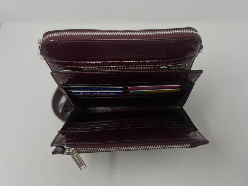 Petit Sac bandoulière 2 en 1 avec porte carte détachable en Cuir rouge bordeaux foncé patin souple, Kennedi