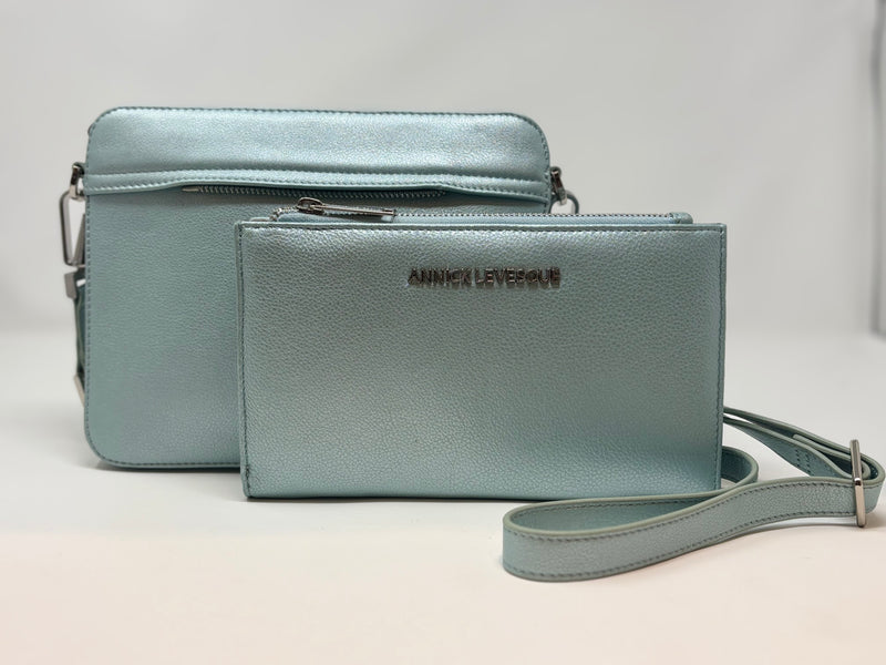 Petit Sac bandouillère 2 en 1 avec porte carte détachable en Cuir Bleu Céleste , Kennedi