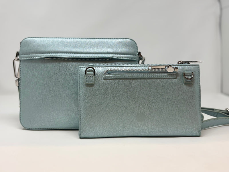 Petit Sac bandouillère 2 en 1 avec porte carte détachable en Cuir Bleu Céleste , Kennedi