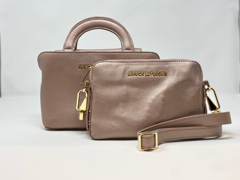 Leather Handbag Clarence, 2 in 1, Pink Blush