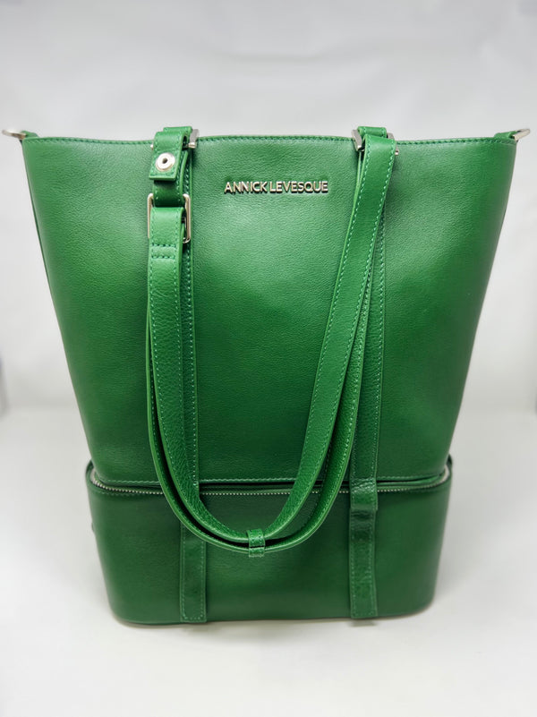 Sac fourre-tout en cuir véritable 2 en 1 Charlotte Kelly green, section isotherme détachable.