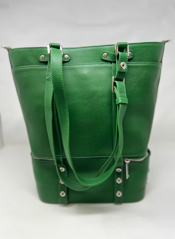 Sac fourre-tout en cuir véritable 2 en 1 Charlotte Kelly green, section isotherme détachable.