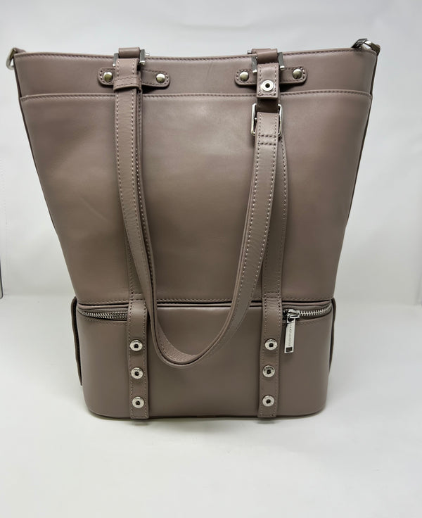 Sac fourre-tout en cuir véritable 2 en 1 Charlotte Taupe, section isotherme détachable.
