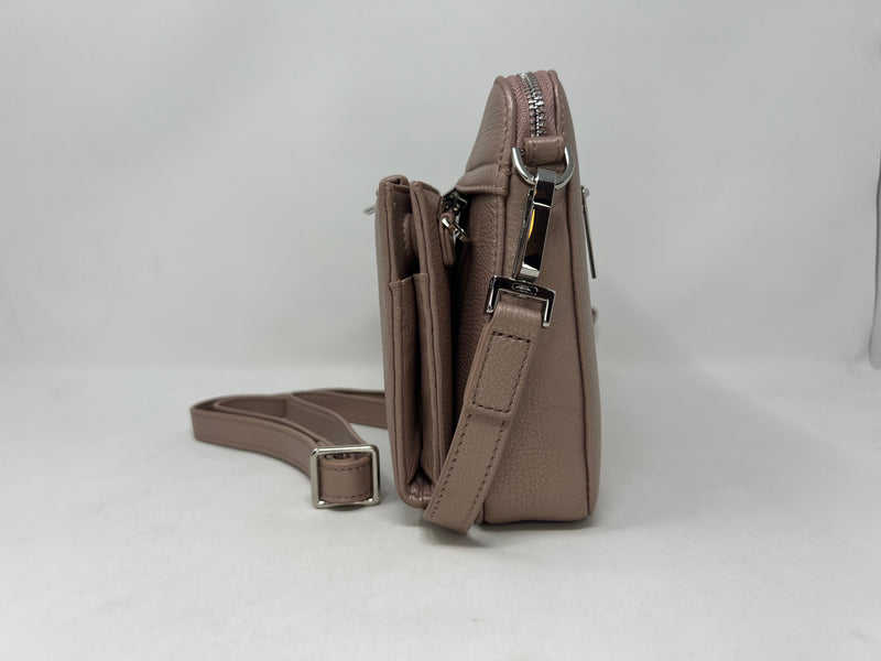 Petit Sac bandouillère 2 en 1 avec porte carte détachable en Cuir Véritable Platine , Kennedi