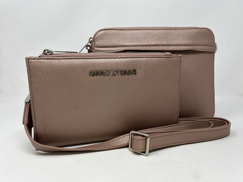 Petit Sac bandouillère 2 en 1 avec porte carte détachable en Cuir Véritable Platine , Kennedi