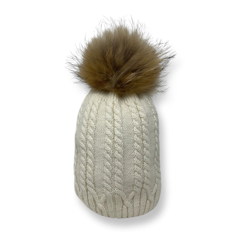Cable-Knit wool Beanie with fur pompom