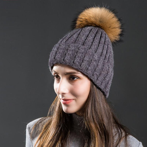 Wool Twisted Toque Hat Pattern with Fur Pompom, Dark Grey, Gloria