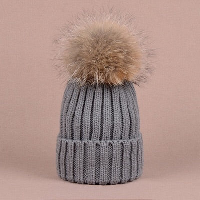 Grey Hat  with fur pompom