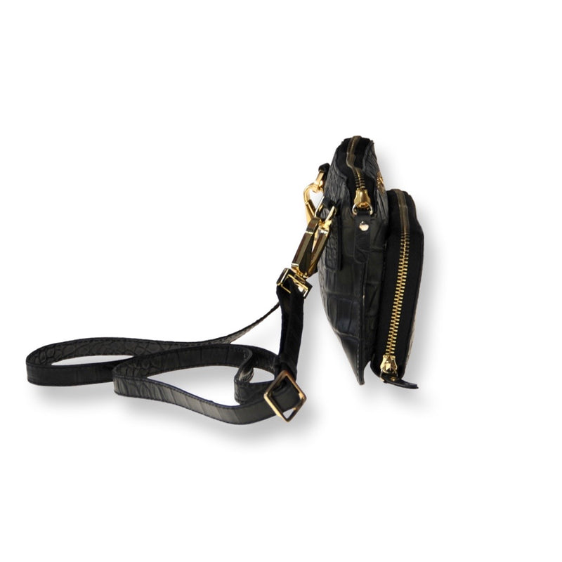Small leather wallet crossbody bag, black croco