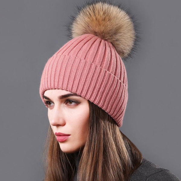 Pink knit toque with interchangeable fur pompom, Aliza